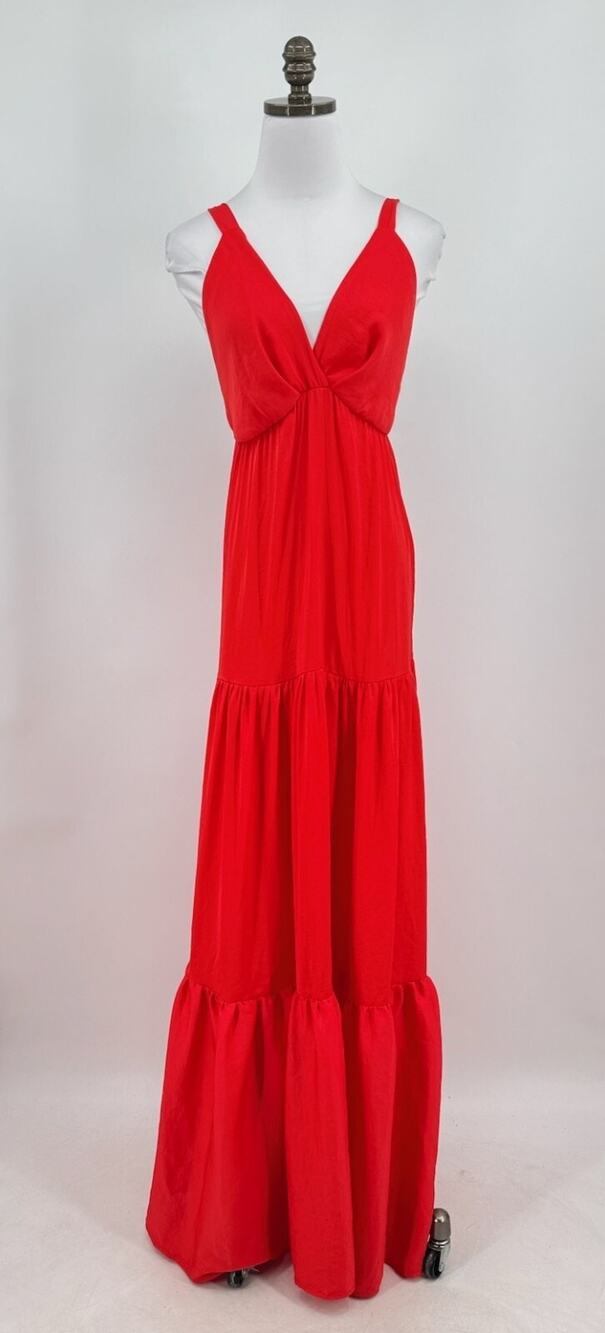 Kasia Womens Red V Neck Layered Sleeveless Maxi Dress Sz S